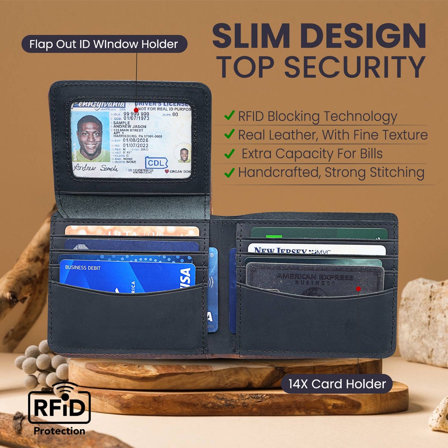 American Leather Goods American Leather Goods - Genuine Leather Wallet for Men with Flap out ID Window: Blue