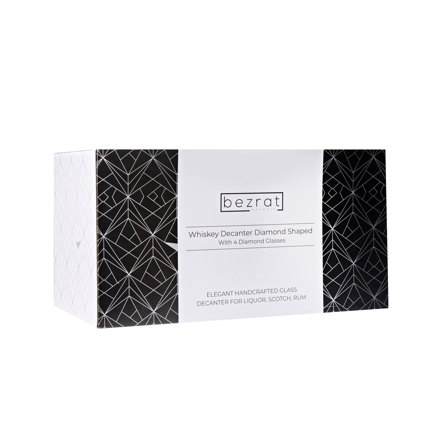 Bezrat Bezrat - Whiskey Diamond Decanter & 4 Diamond Glasses - Mahogany Tray