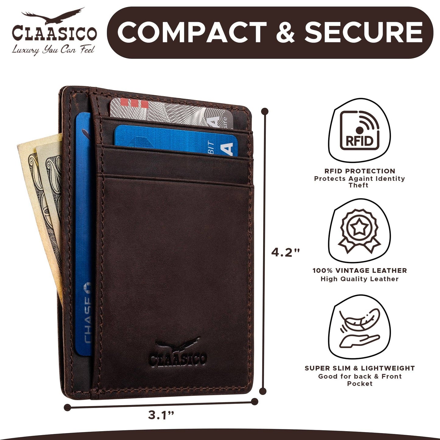 Claasico Claasico - Front Pocket Minimalist Leather card holder Wallet.: Coffee