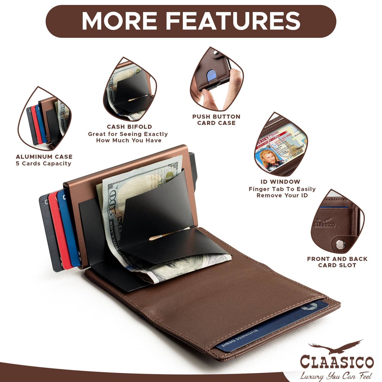 Claasico Claasico - Pop up Bifold Leather wallet: Black Smooth