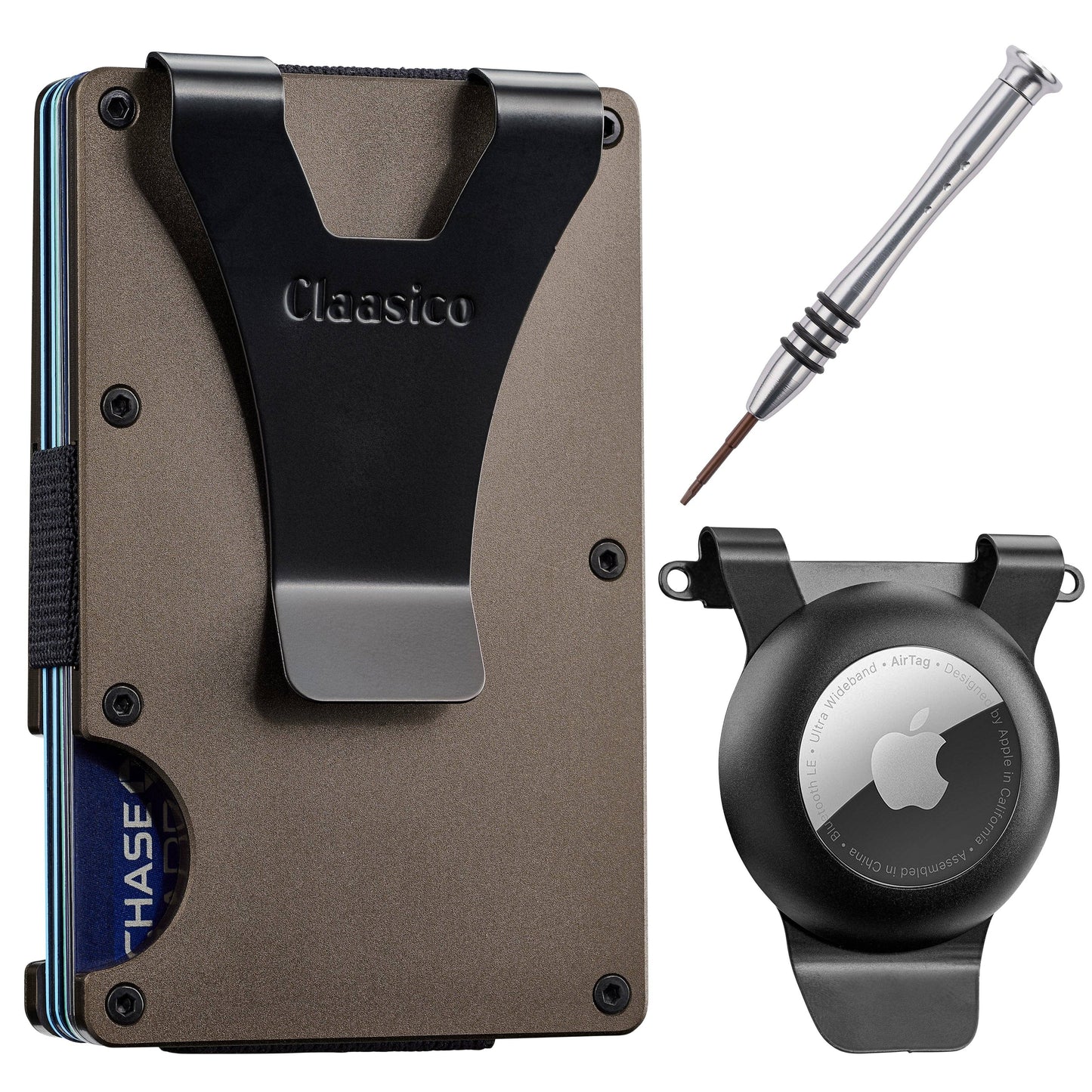 Claasico Claasico - Slim Metal Wallet & Money Clip - Card Holder, Expandable Elastic Strap Compatible with Apple Airtag: Black