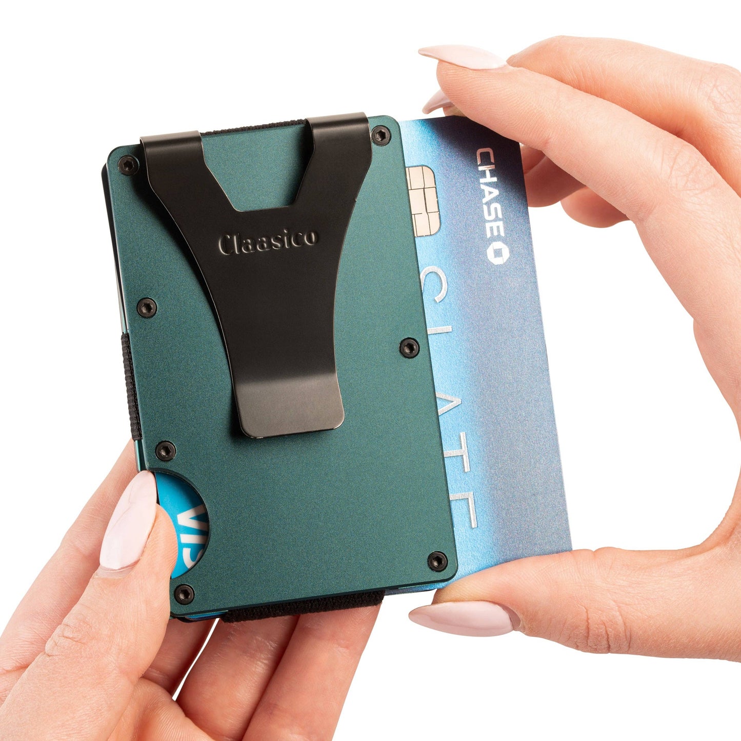Claasico Claasico - Slim Metal Wallet & Money Clip - Card Holder, Expandable Elastic Strap Compatible with Apple Airtag: Green