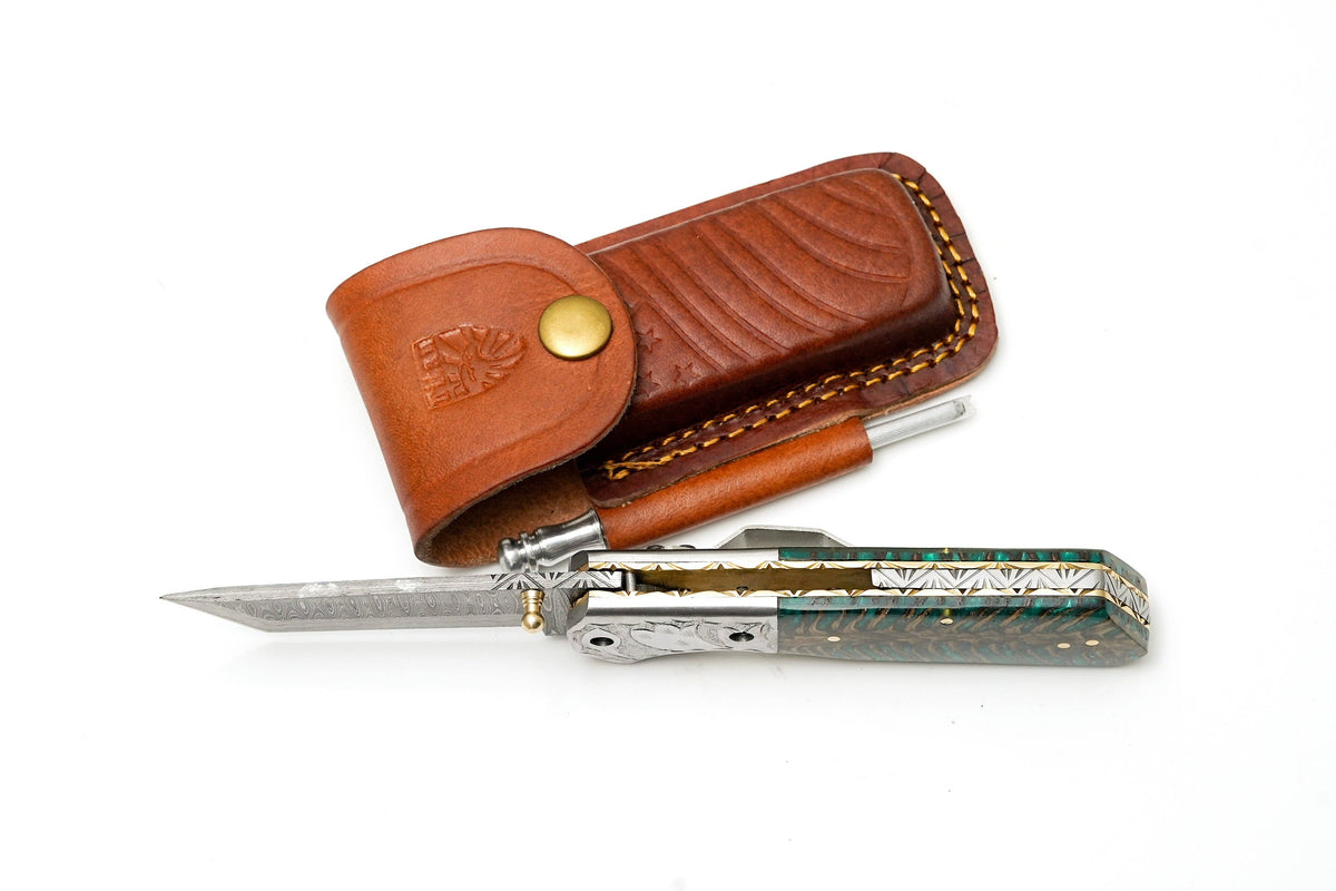 Titan International - Damascus Steel Tanto Folding Knife | Engraved Bolster