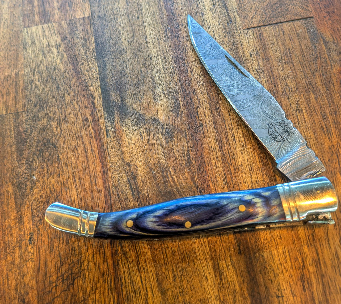 El Matador Knives Pocket Knife Blue long slim Damascus Pocket Knife