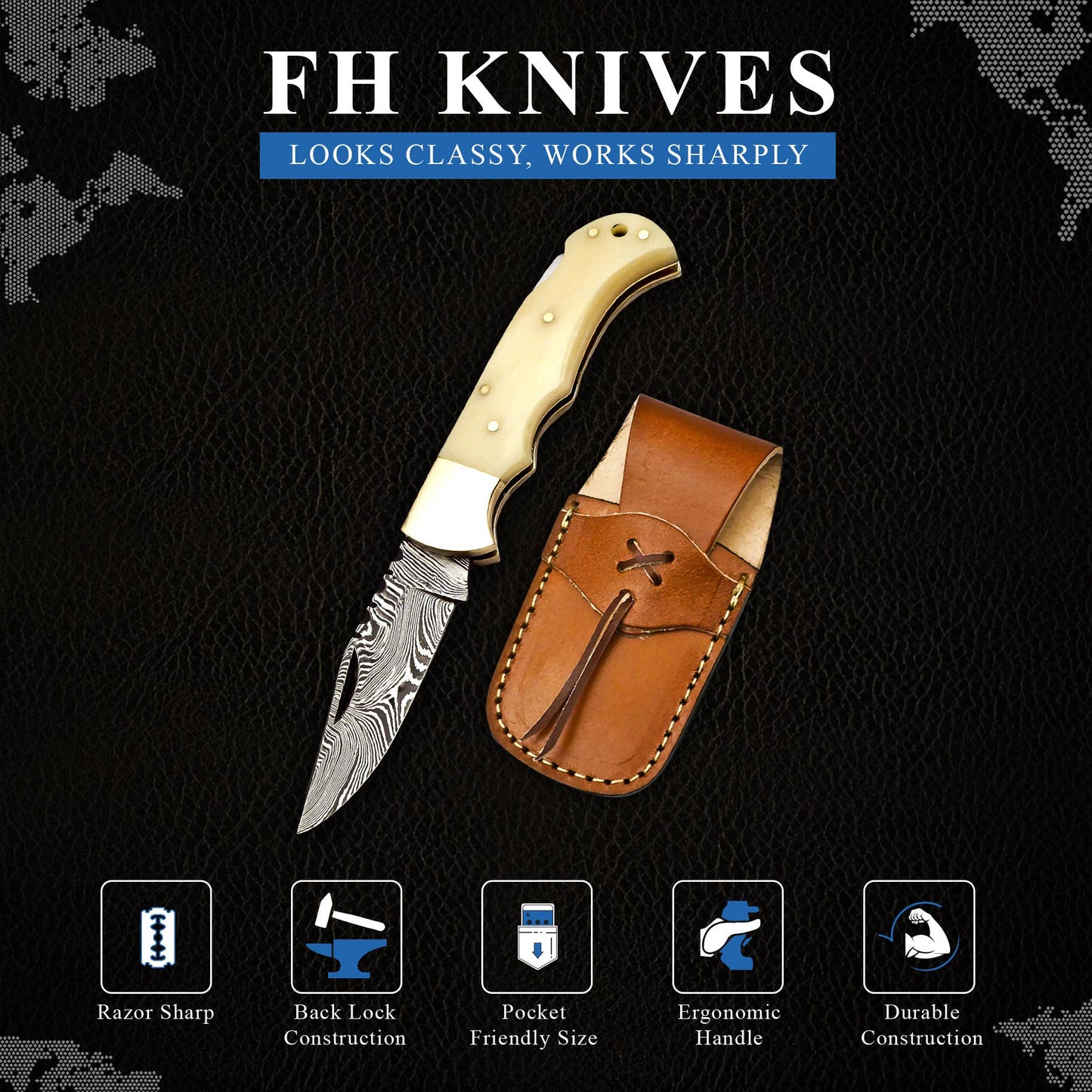FH KNIVES FH KNIVES - 6.5' Handmade damascus folding knife, Pocket Knife