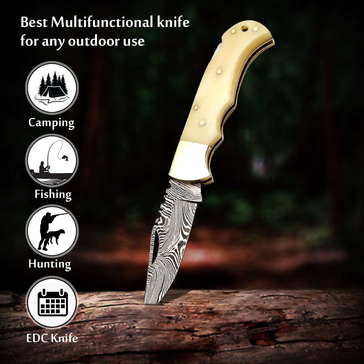 FH KNIVES FH KNIVES - 6.5' Handmade damascus folding knife, Pocket Knife