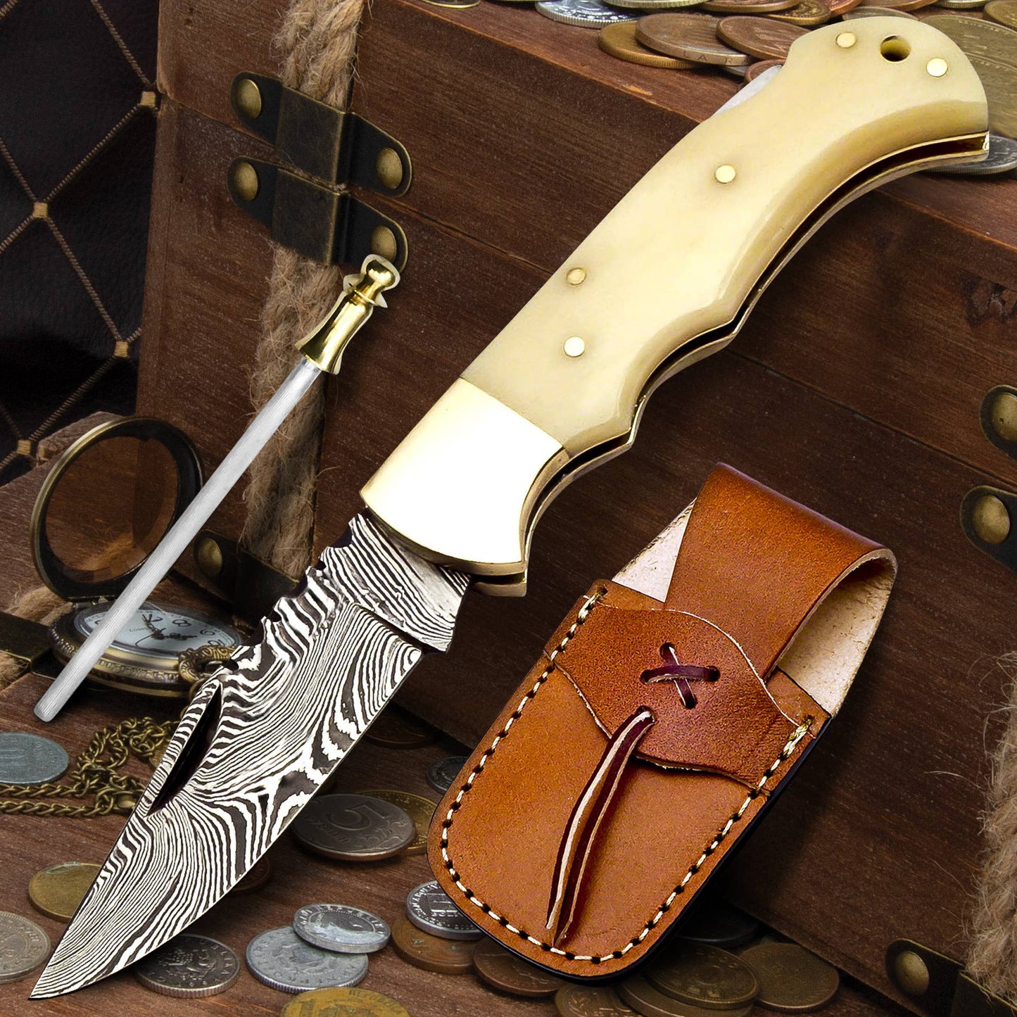 FH KNIVES FH KNIVES - 6.5' Handmade damascus folding knife, Pocket Knife