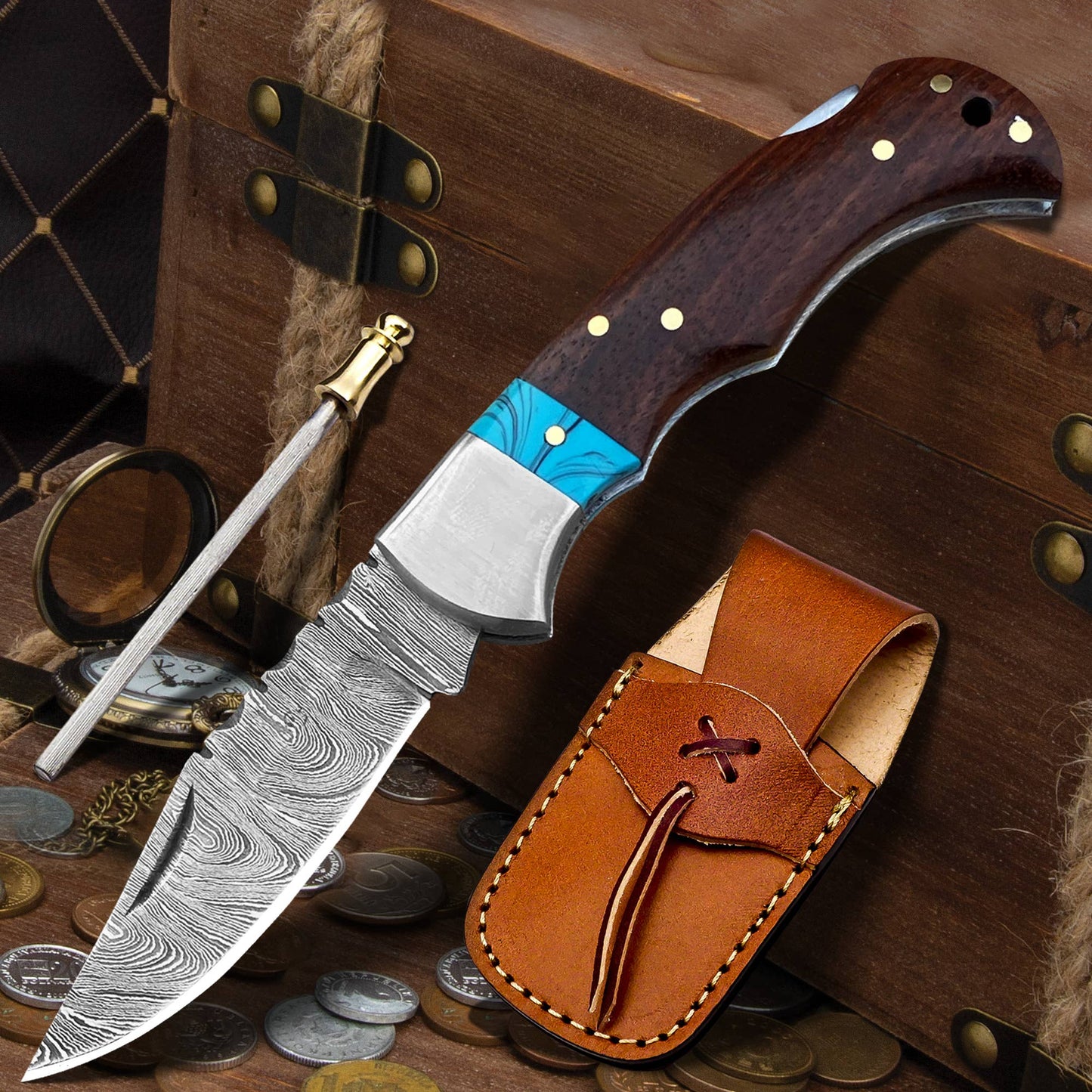 FH KNIVES FH KNIVES - 6.5' Handmade damascus folding knife, Pocket Knife