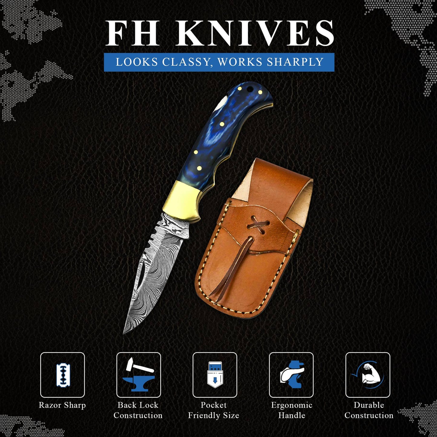 FH KNIVES FH KNIVES - 6.5' Handmade damascus folding knife, Pocket Knife