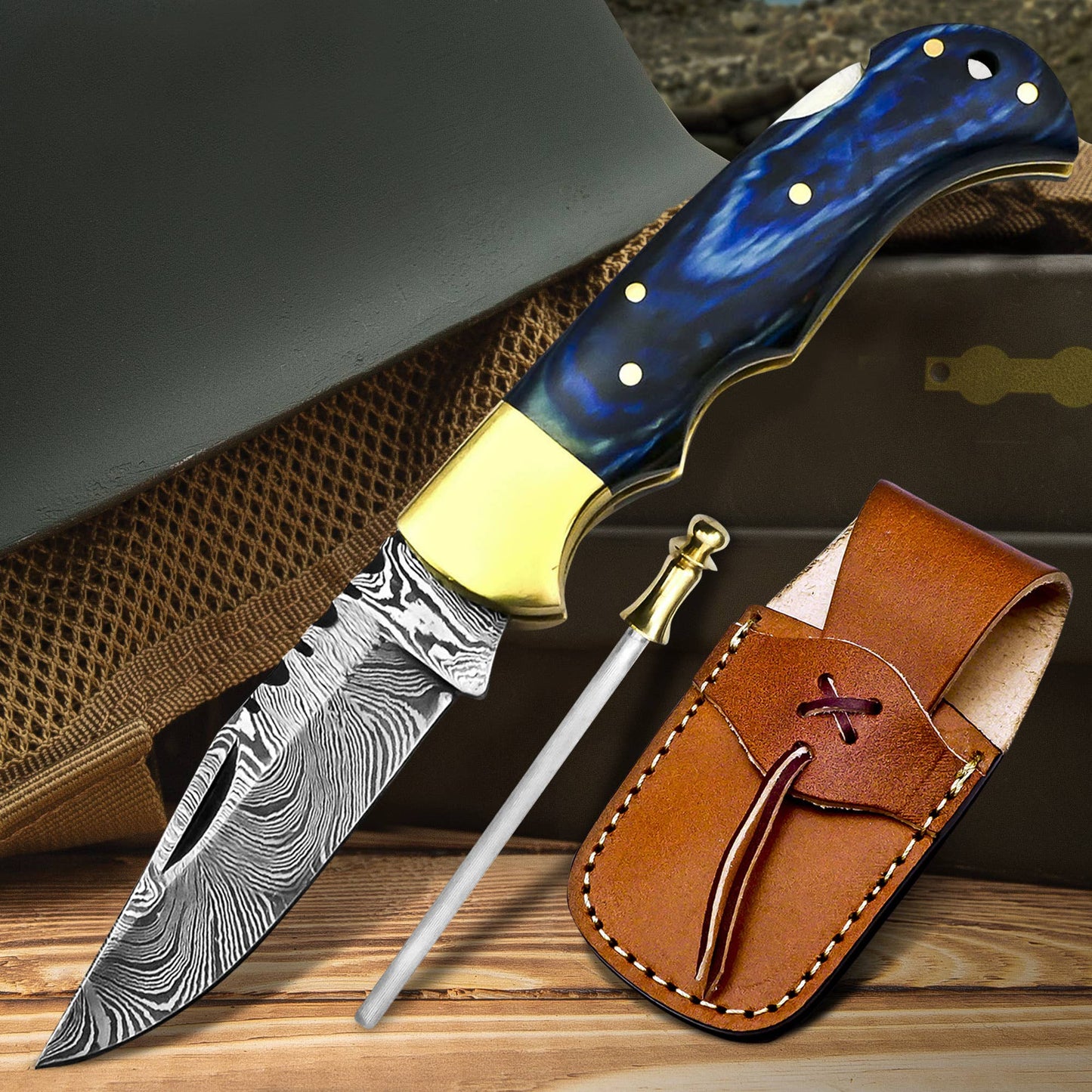 FH KNIVES FH KNIVES - 6.5' Handmade damascus folding knife, Pocket Knife