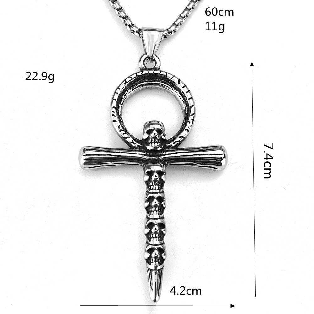 Gemcohub Necklace Vintage Men's Ankh Skull Cross Pendant Necklace