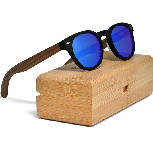 GOWOOD GOWOOD - Round Walnut Wood Sunglasses With Blue Mirrored Lenses