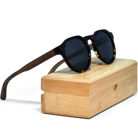 GOWOOD GOWOOD - Walnut Panto Sunglasses Tortoise Frame Black Polarized Lens