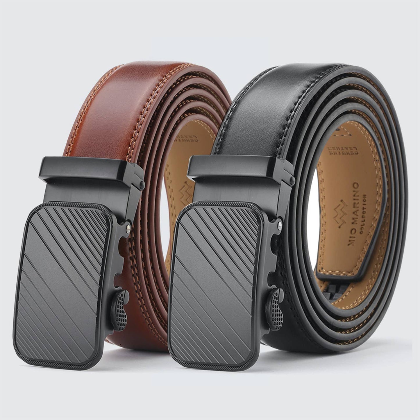Mio Marino Mio Marino - Modern Striped Ratchet Belt: Deep Charcoal / Genuine Leather / Adjustable from 38" to 54" Waist
