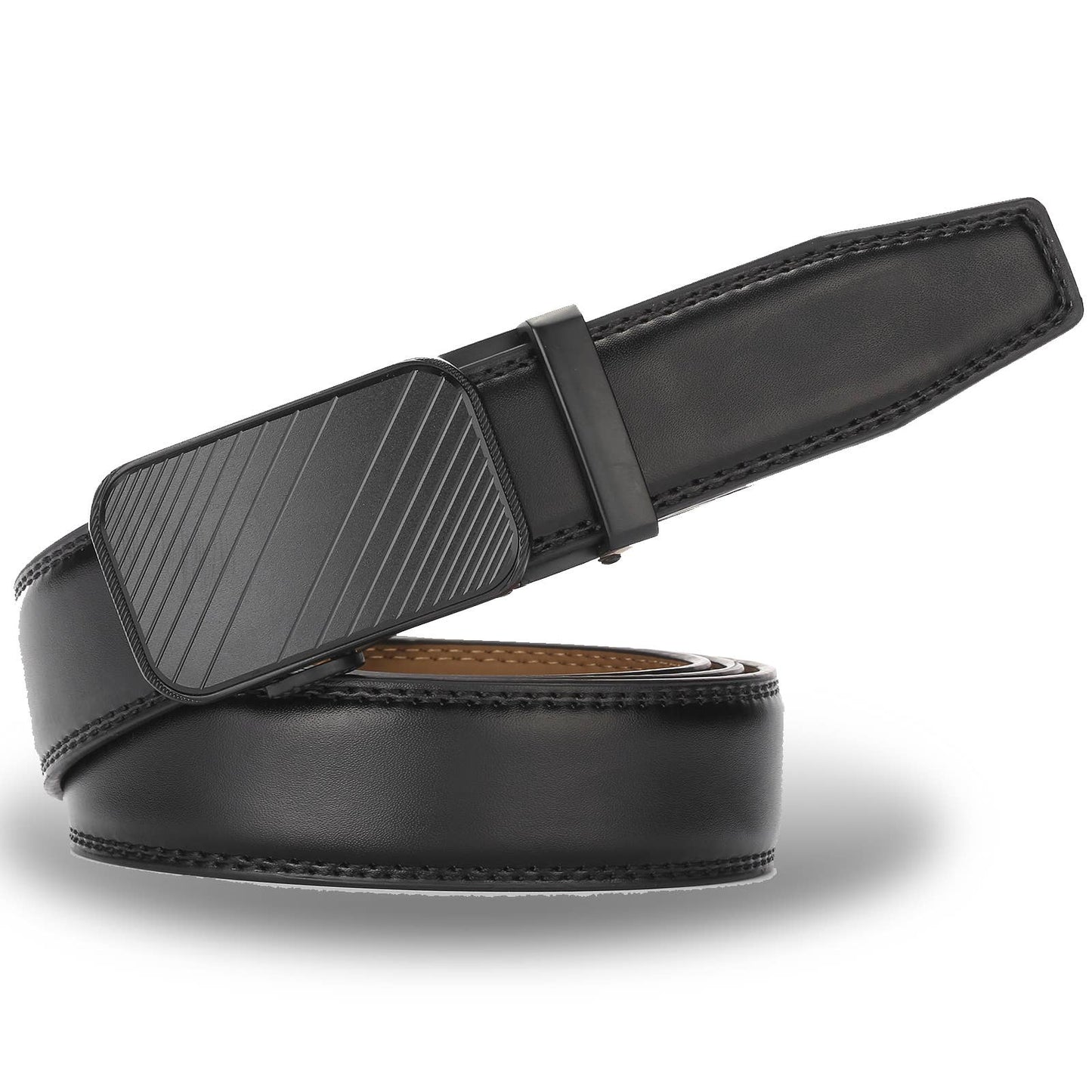 Mio Marino Mio Marino - Modern Striped Ratchet Belt: Deep Charcoal / Genuine Leather / Adjustable from 38" to 54" Waist