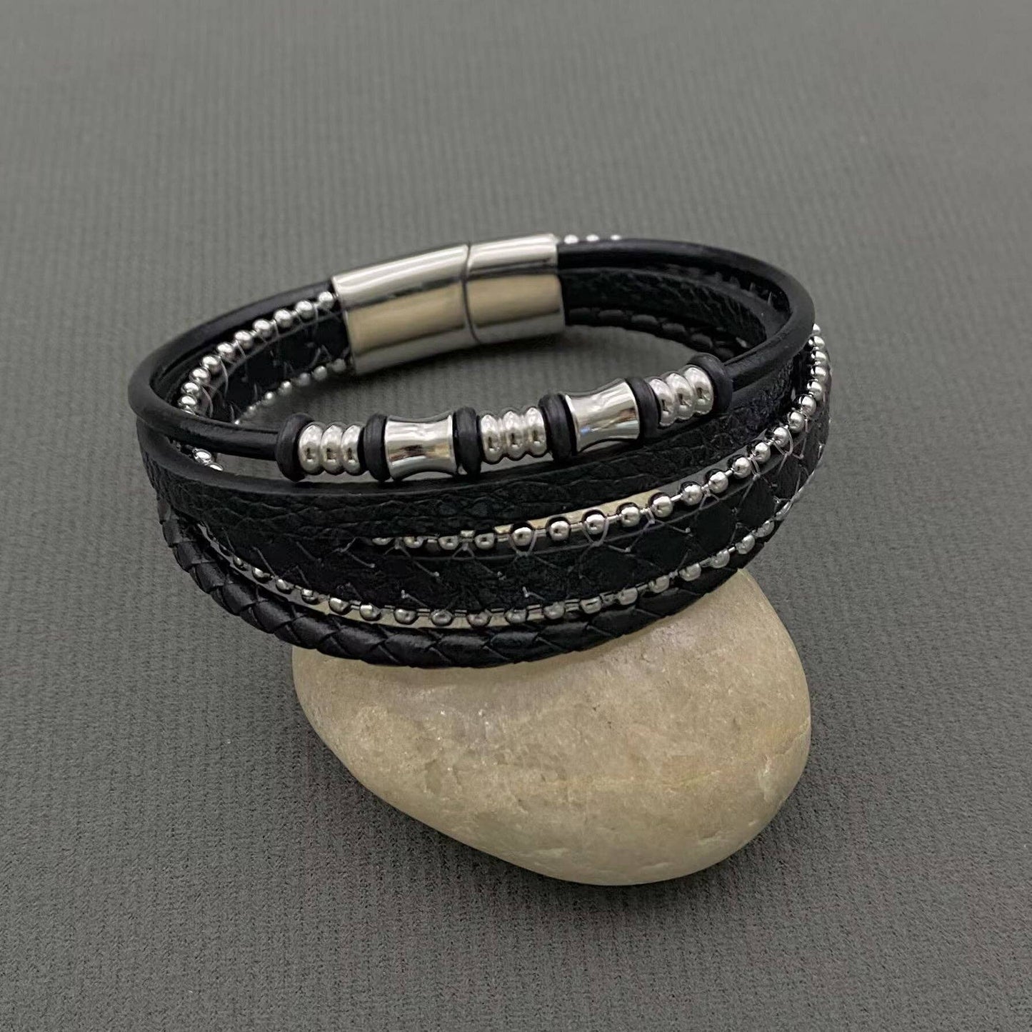 Mio Queena Mio Queena - Multi-Layer PU Leather Men's Magnetic Buckle Bracelet -MJ/BC: Black + Brown