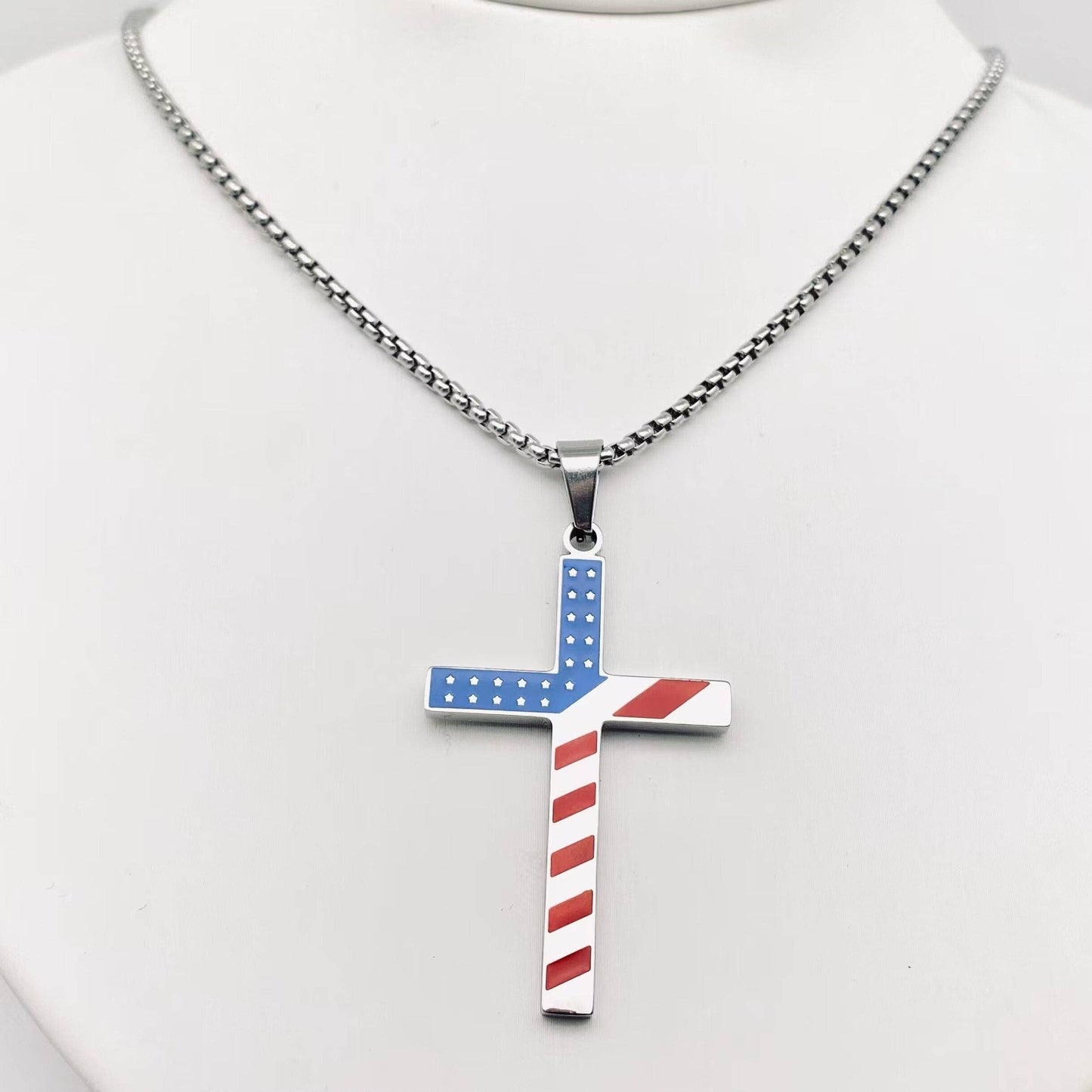 Mio Queena Mio Queena - Stars and Stripe Flag Stainless Steel Cross Necklace -MJ/MNP: Steel color
