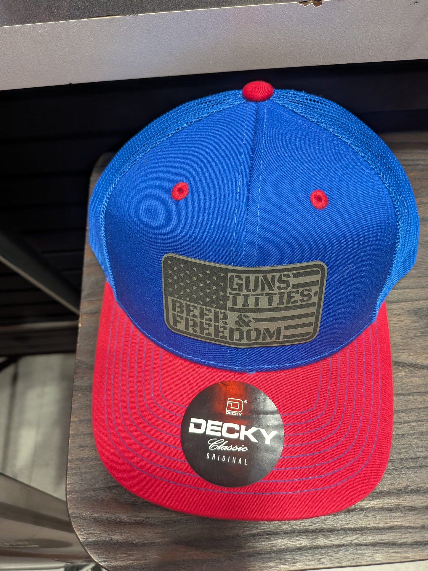 Pitcher Perfect Trucker Hat Guns. Titties. Beer. Freedom - Yupoong Snapback Blue Hat Red Brim Grey Patch