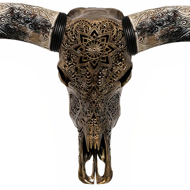 Skull Bliss Skull Antique Bronze Mandala Design - Longhorn Skull