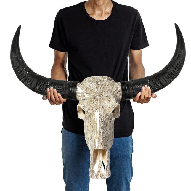 Skull Bliss Skull Beige Mirror Mosaic Buffalo Skull w/Stand