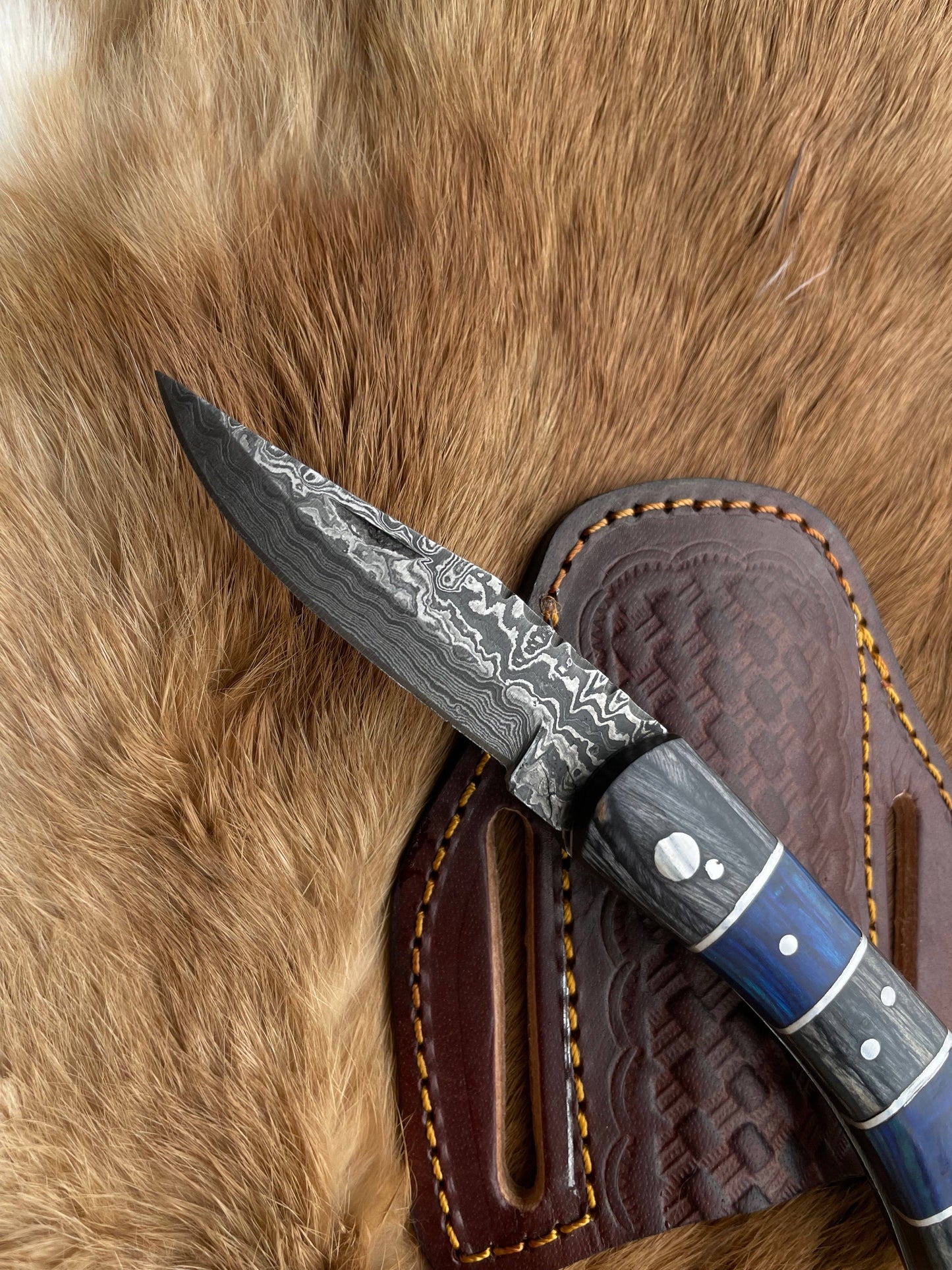 Titan International Damascus Knife POCKET KNIFE Grey and Blue WOOD 6.5'' DAMASCUS STEEL KNI