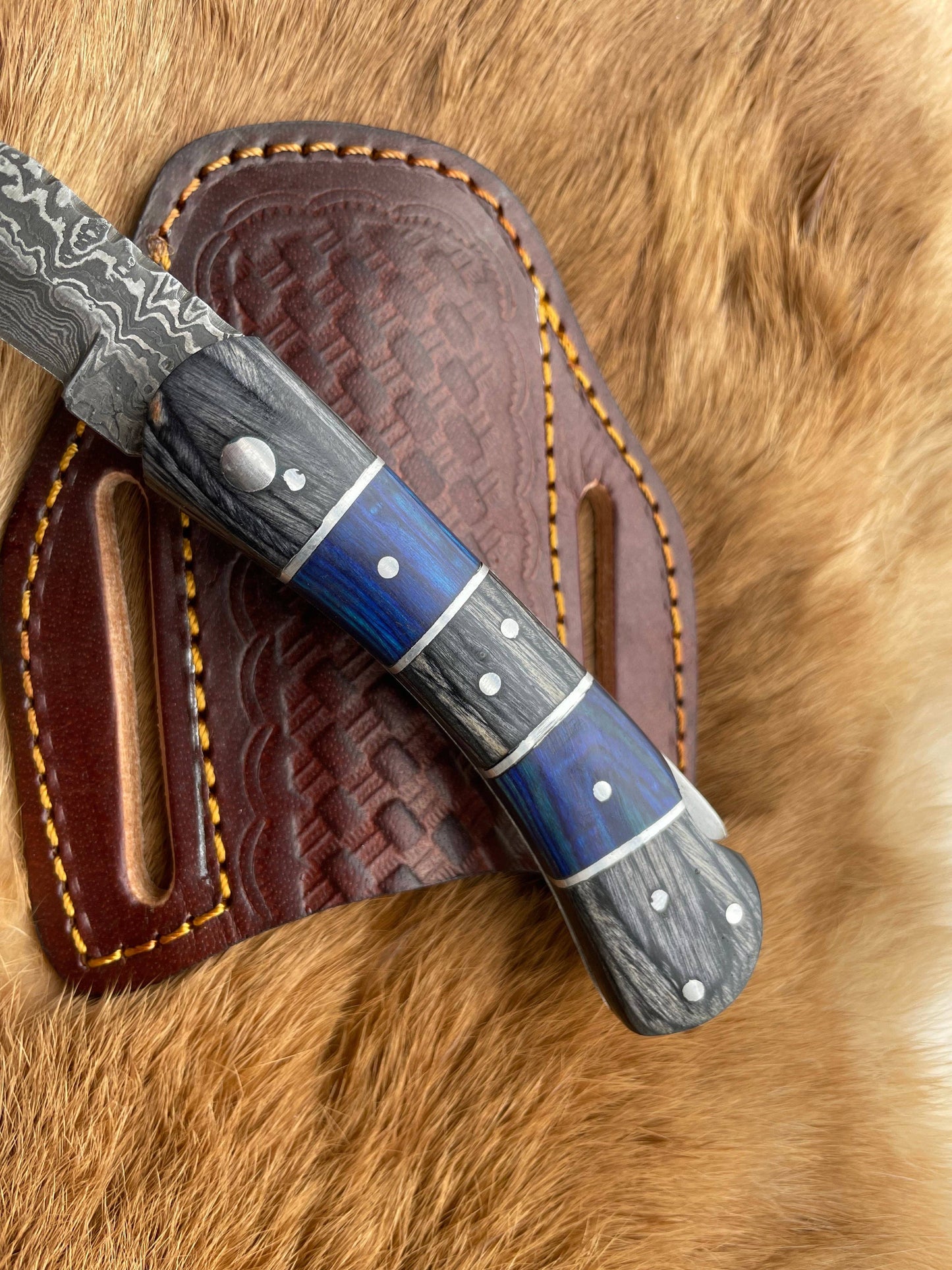 Titan International Damascus Knife POCKET KNIFE Grey and Blue WOOD 6.5'' DAMASCUS STEEL KNI
