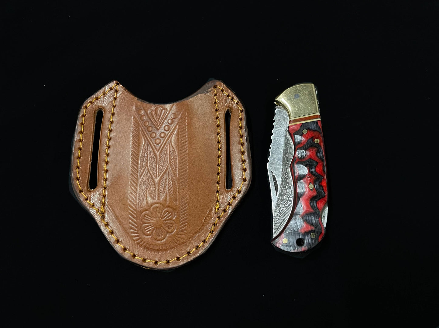 Titan International Damascus Pocket Knife BP-007 Red Damascus Steel Folding Knife Limited Run /Pancake
