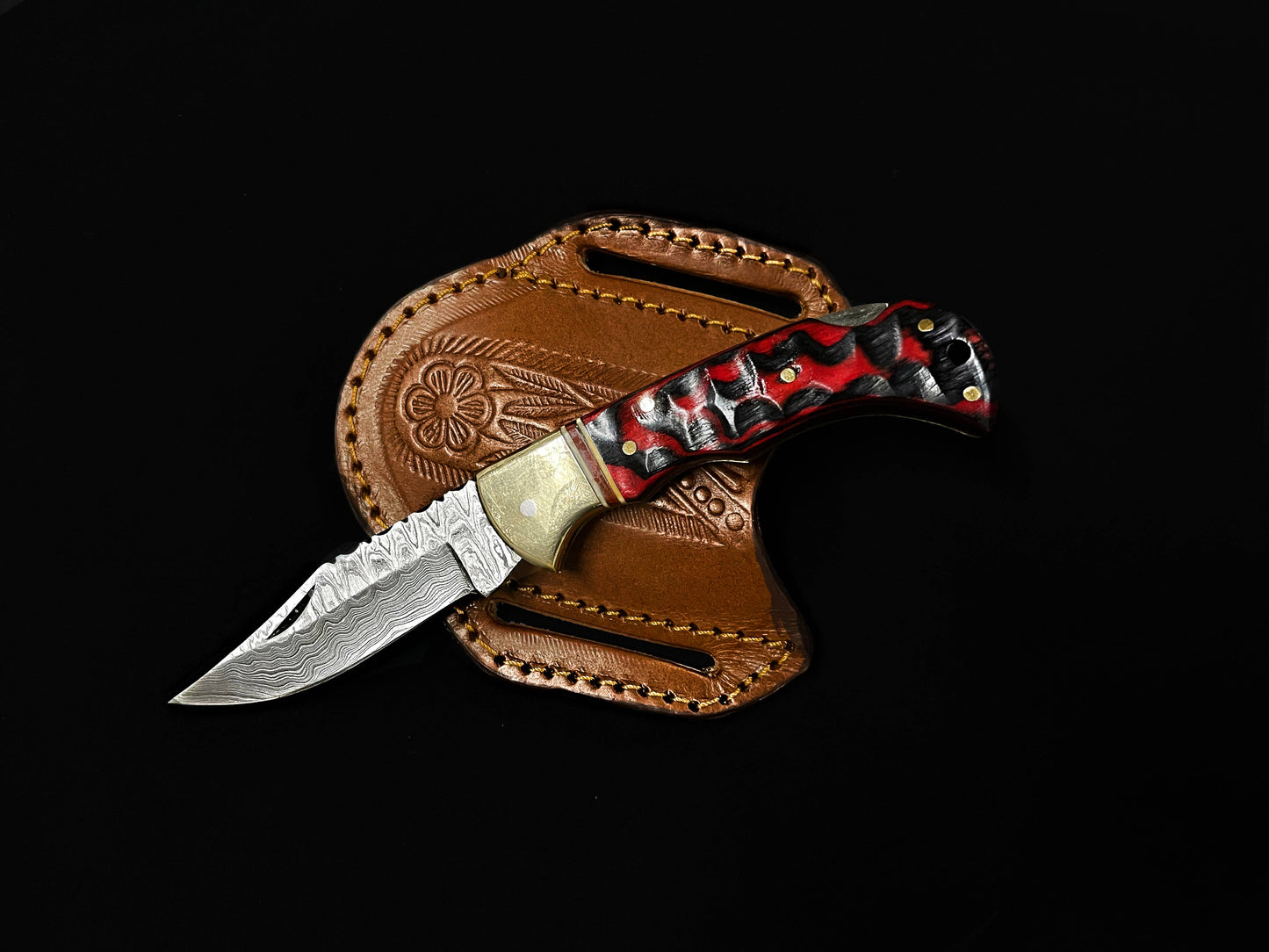 Titan International Damascus Pocket Knife BP-007 Red Damascus Steel Folding Knife Limited Run /Pancake