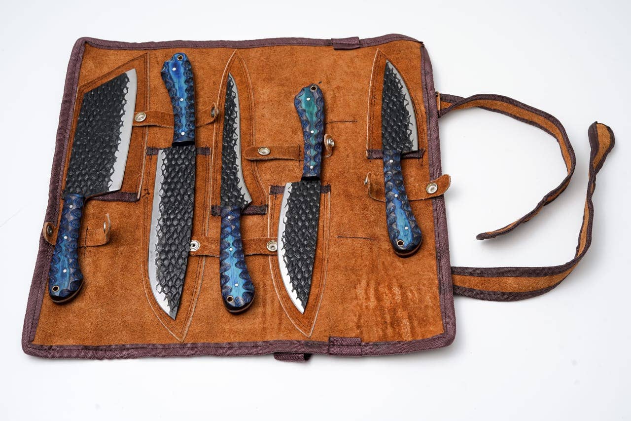 Titan International Titan International - 5-Piece Hand-Forged Kitchen Knife Set - Dragon Scale Carbon Steel - Blue Diamond wood Handles & Leather roll