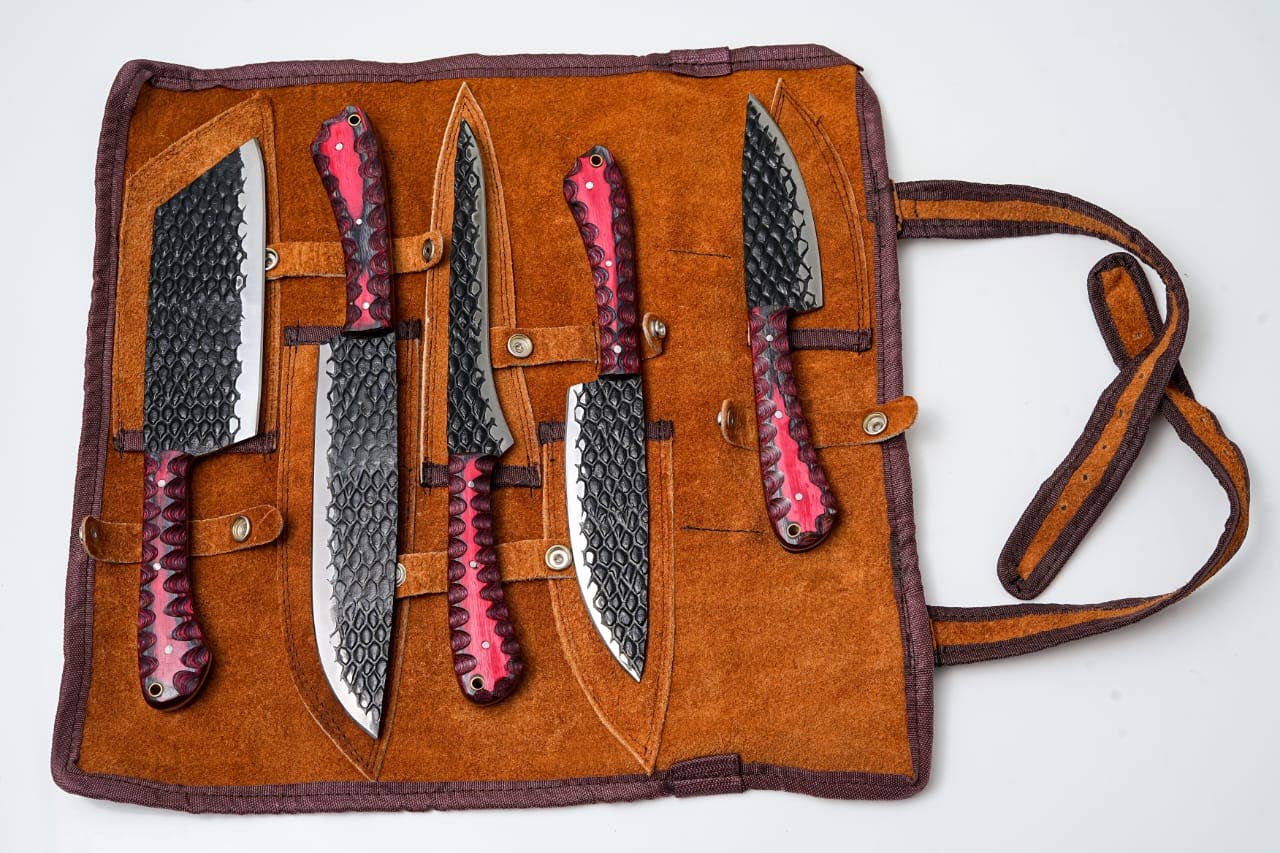 Titan International Titan International - 5-Piece Hand-Forged Kitchen Knife Set - Dragon Scale Carbon Steel - Red Diamond Wood Handles & Leather roll