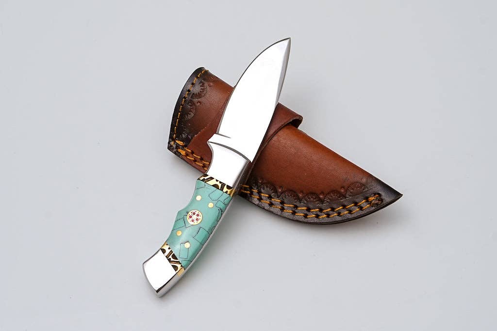 Titan International Titan International - Custom Stainless Steel Knife with Turquoise Mosaic Handle & Leather Sheath