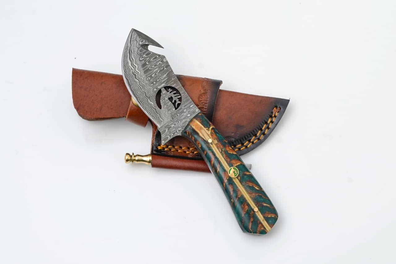 Titan International Titan International - Damascus Guthook Hunting Knife with Green & Bronze Resin Handle