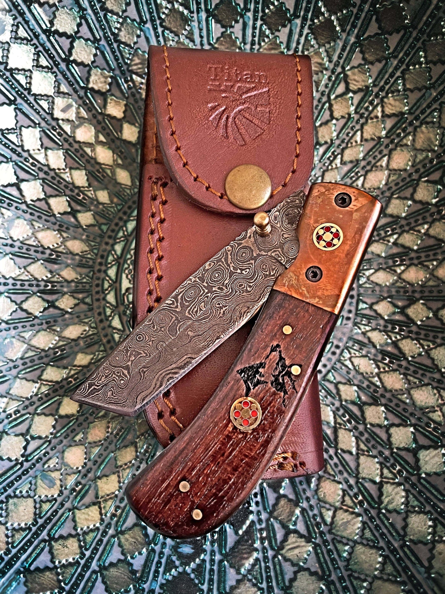 Titan International Titan International - Damascus Steel Folding Knife Tanto Blade Engraved Walnut Handle and Copper Bolster Titan Pocket Samurai X TF-012