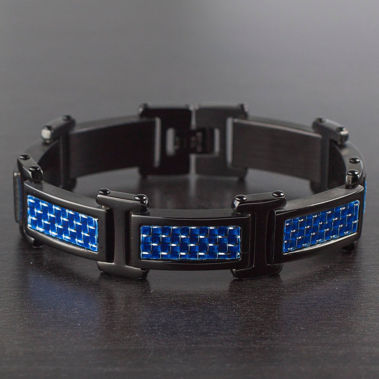 West Coast Jewelry West Coast Jewelry - Blue Carbon Fiber Black Plated Stainless Steel Link Bracelet