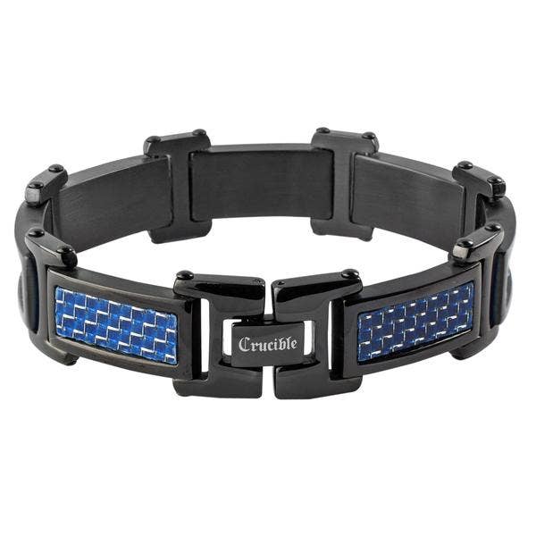 West Coast Jewelry West Coast Jewelry - Blue Carbon Fiber Black Plated Stainless Steel Link Bracelet