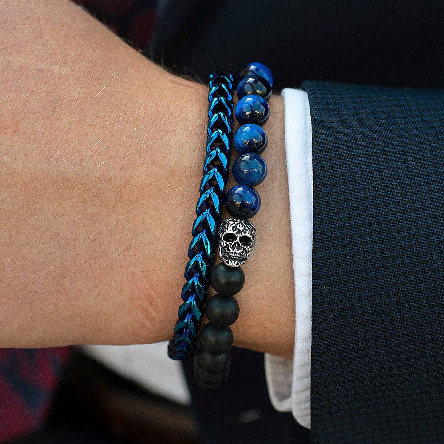 West Coast Jewelry West Coast Jewelry - Crucible Polished Stainless Steel Franco Chain Bracelet: Blue