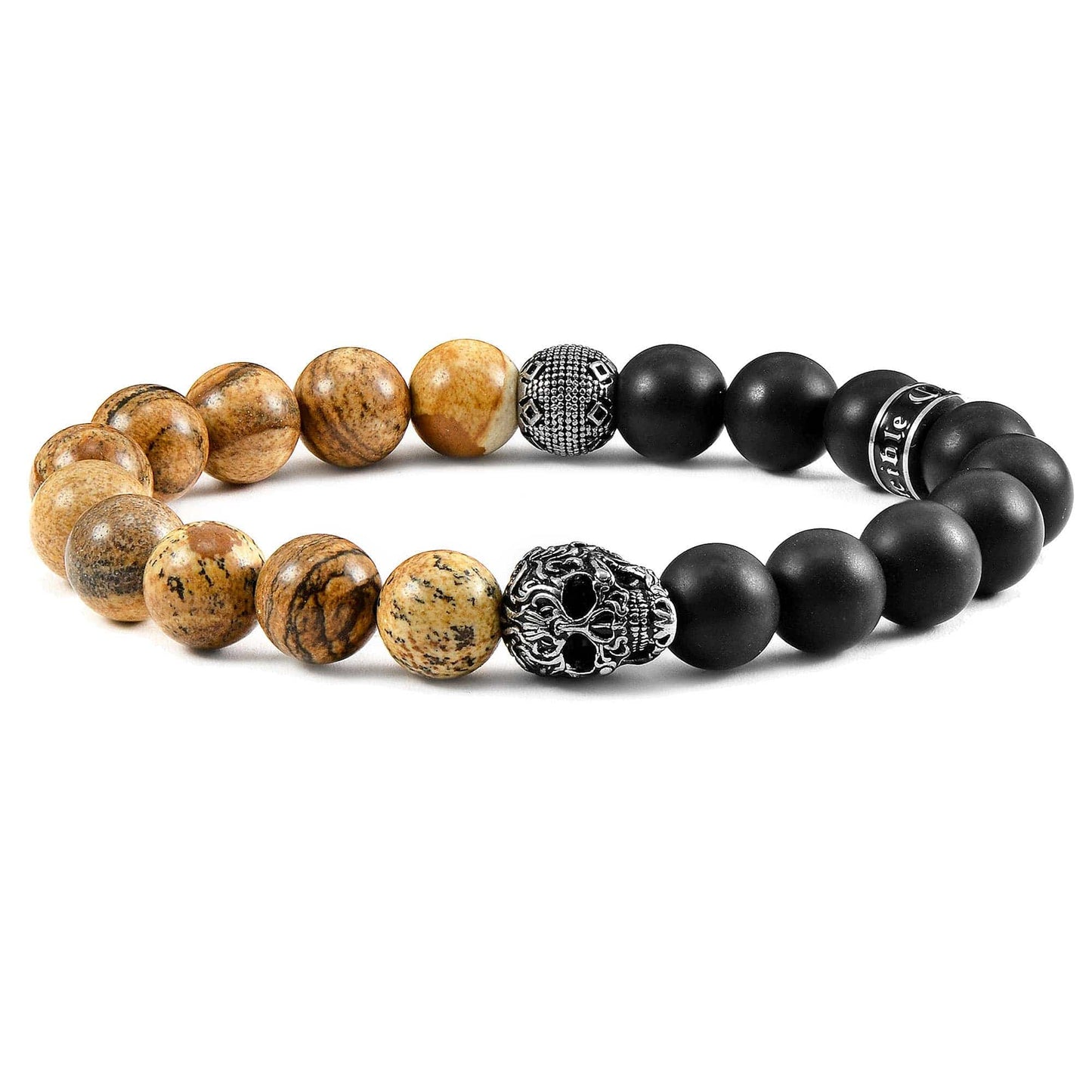 West Coast Jewelry West Coast Jewelry - Crucible Skull Stone and Matte Onyx Stretch Bracelet (10mm): Picture Jasper