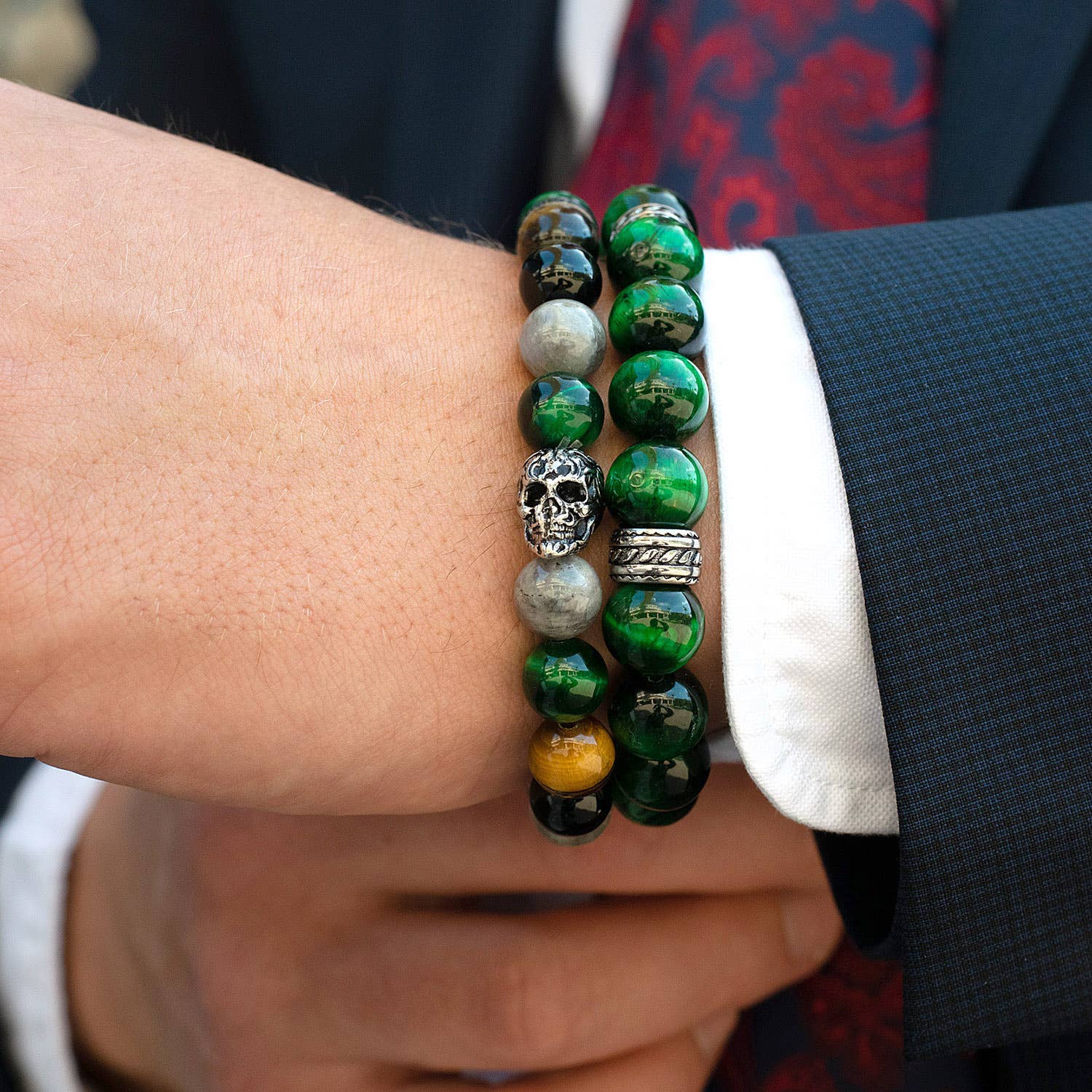West Coast Jewelry West Coast Jewelry - Crucible Skull Tiger Eye and Mixed Stone Stretch Bracelet: 10mm