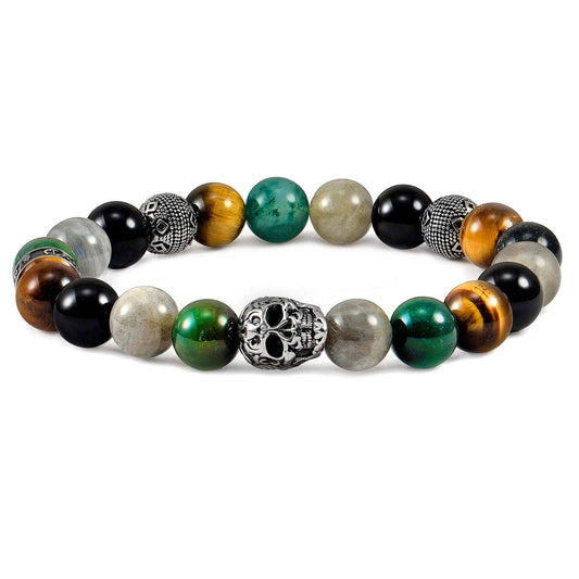West Coast Jewelry West Coast Jewelry - Crucible Skull Tiger Eye and Mixed Stone Stretch Bracelet: 10mm