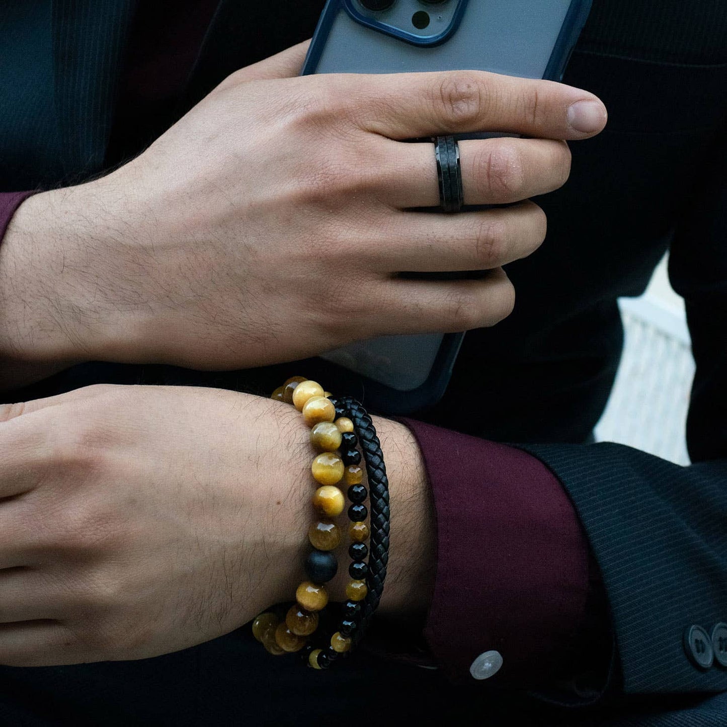 West Coast Jewelry West Coast Jewelry - Natural Stone with Matte Onyx Beaded Stretch Bracelet (10mm): Druzy Agate