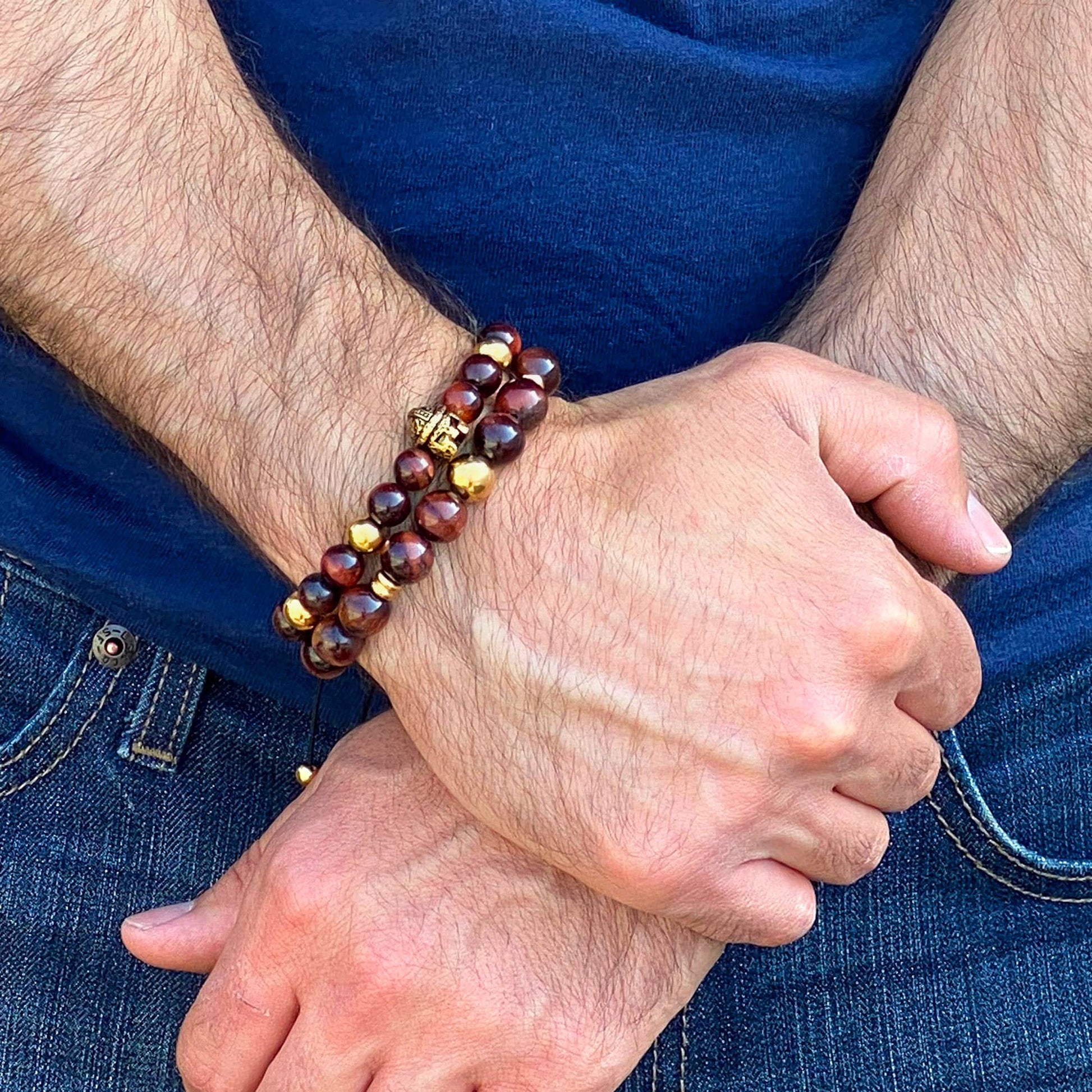 West Coast Jewelry West Coast Jewelry - Spartan Helmet Natural Stone Beaded Adjustable Bracelet: Red