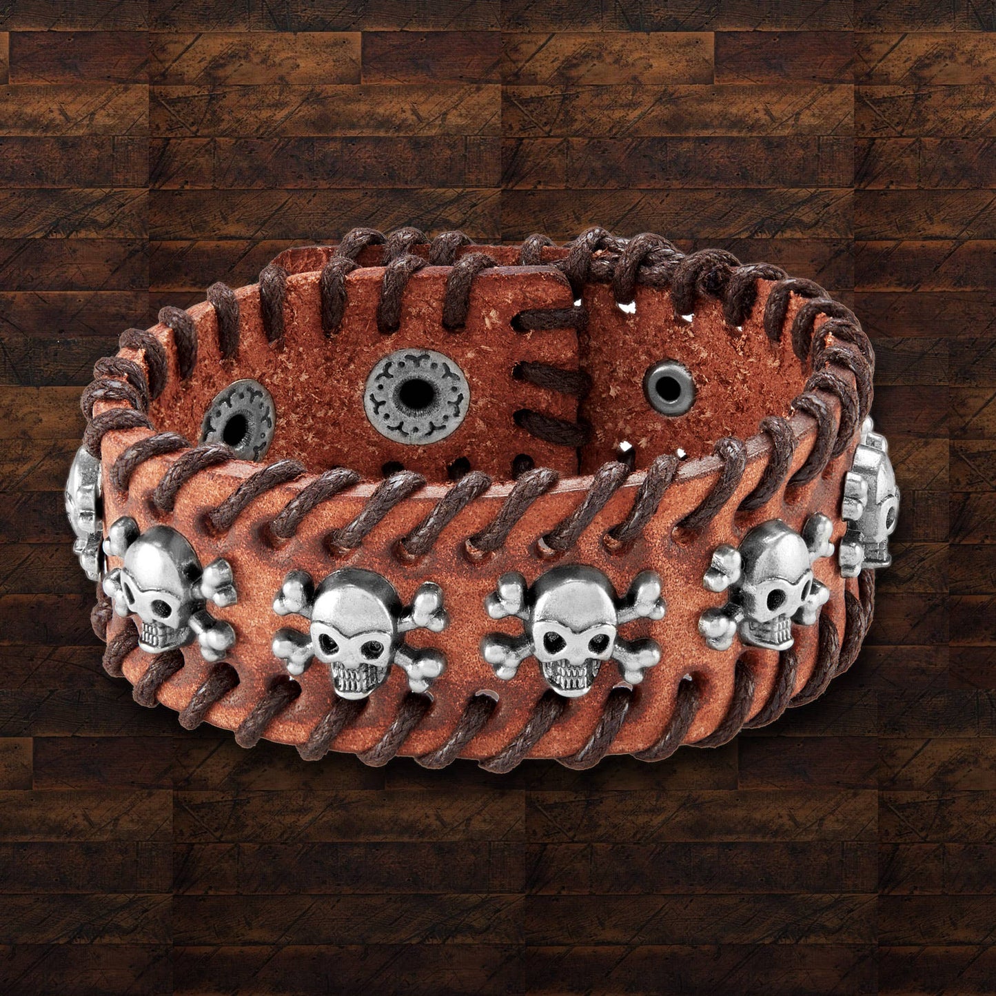 West Coast Jewelry West Coast Jewelry - Stitched Edges Skull Studs Brown Leather Cuff Bracelet