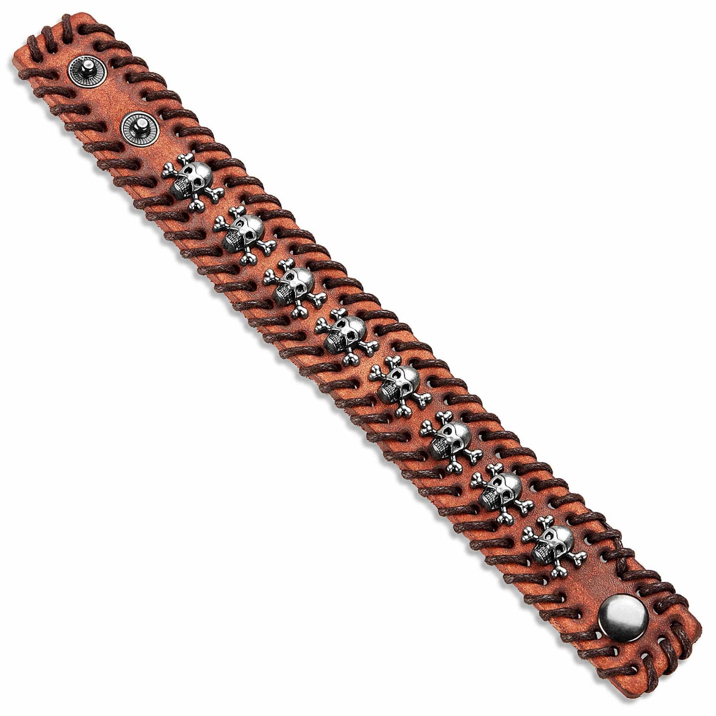 West Coast Jewelry West Coast Jewelry - Stitched Edges Skull Studs Brown Leather Cuff Bracelet
