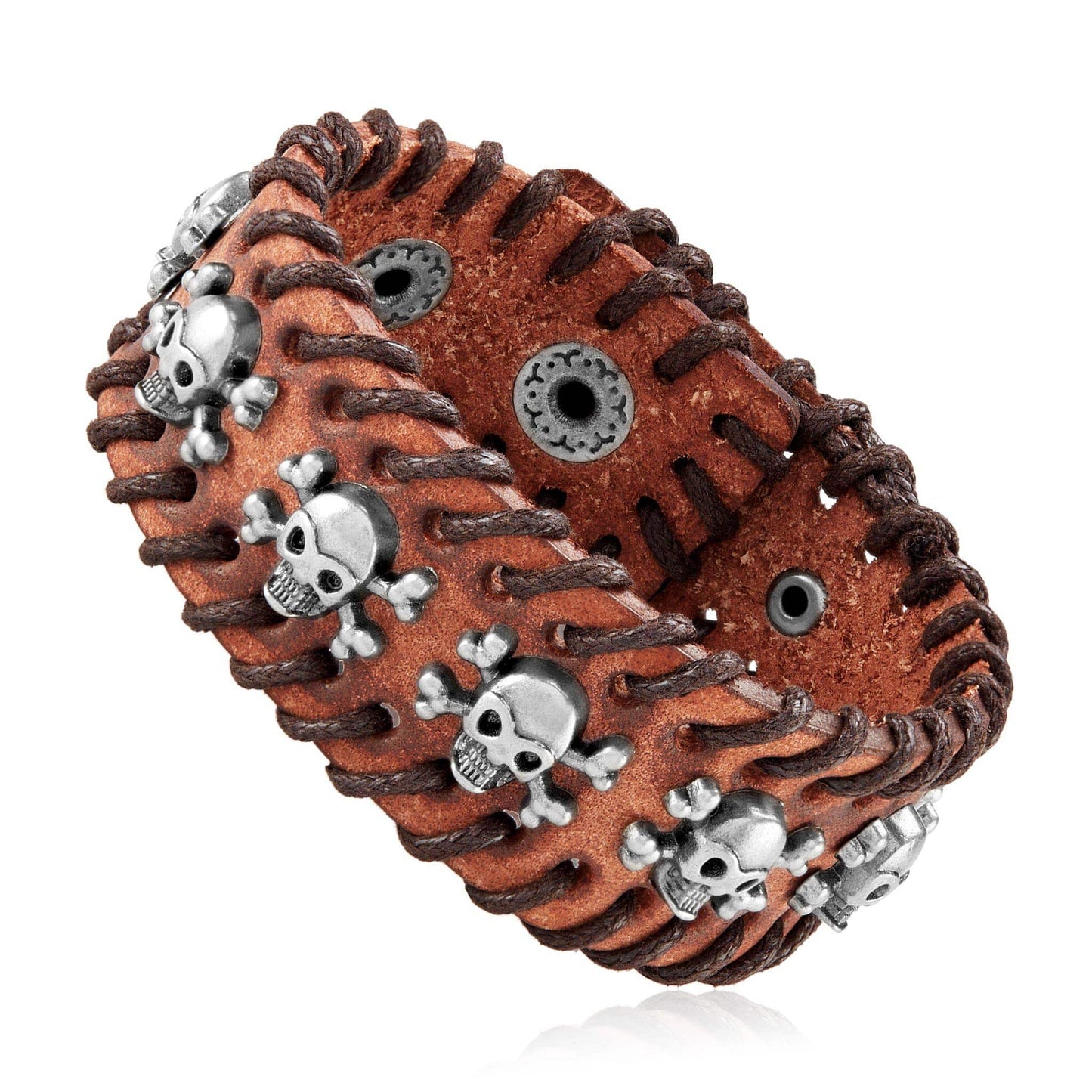 West Coast Jewelry West Coast Jewelry - Stitched Edges Skull Studs Brown Leather Cuff Bracelet