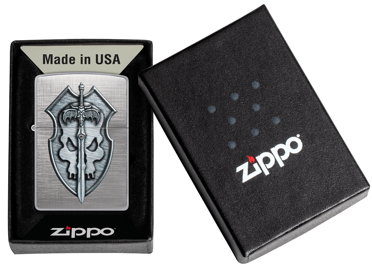 Zippo Benhalex - Zippo Medieval Sword and Shield Skull, Linen Weave Finish Lighter #48372
