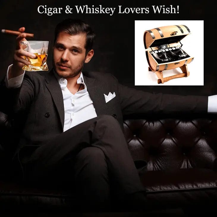 Bezrat Whisky Barrel Gift Set Whiskey Glasses and Accessories In Whiskey Barrel Gift Box