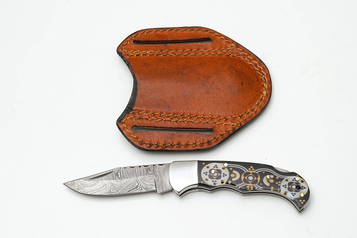 Hand-Forged Damascus Drop Point Folding Knife | Black & Gold