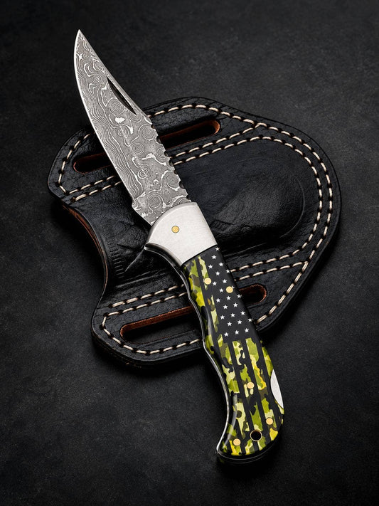 Liberty Camo Damascus Folding Knife