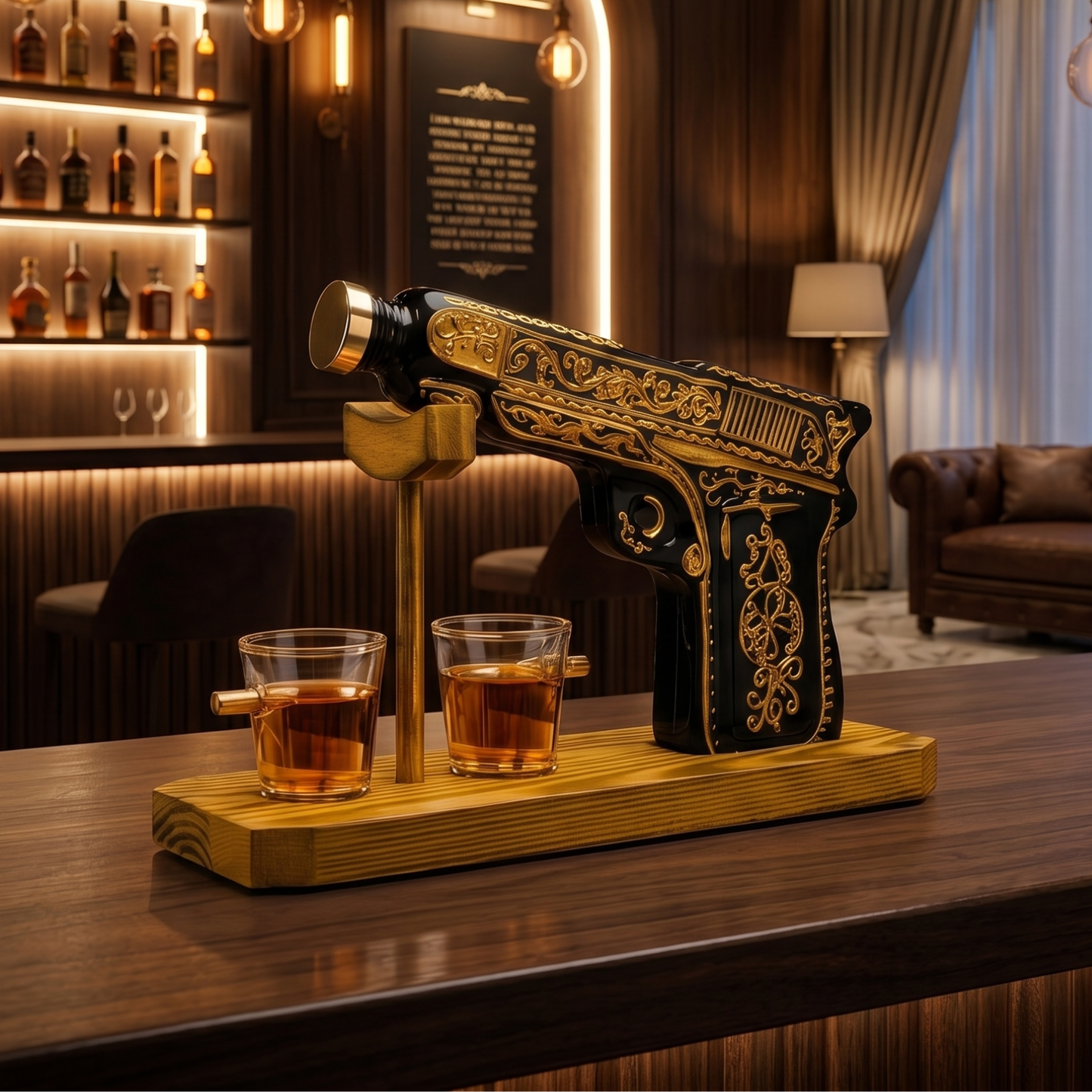 Glass Hand Painted Pistol Gun Decanter & Shot Glasses Set