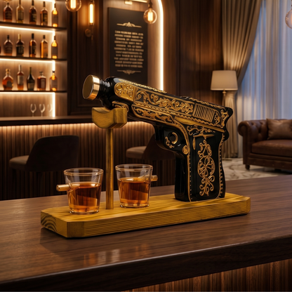 Glass Hand Painted Pistol Gun Decanter & Shot Glasses Set